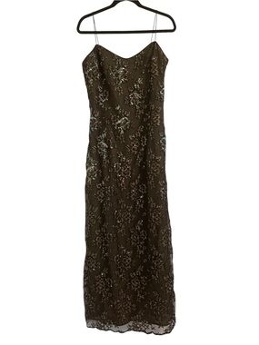 Rimini Brown Floral Embroidered Slip Maxi Dress Sequins Shimmer Size 12